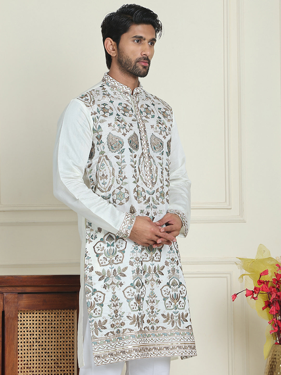 Floral Embroidered Straight Kurtas For Men ( KO 5200 White )