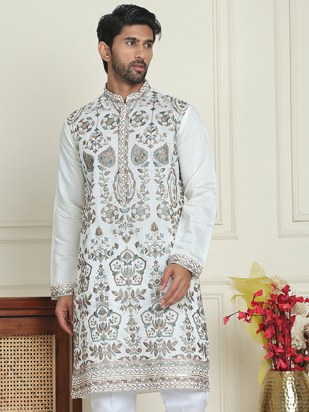 Floral Embroidered Straight Kurtas For Men ( KO 5200 White )