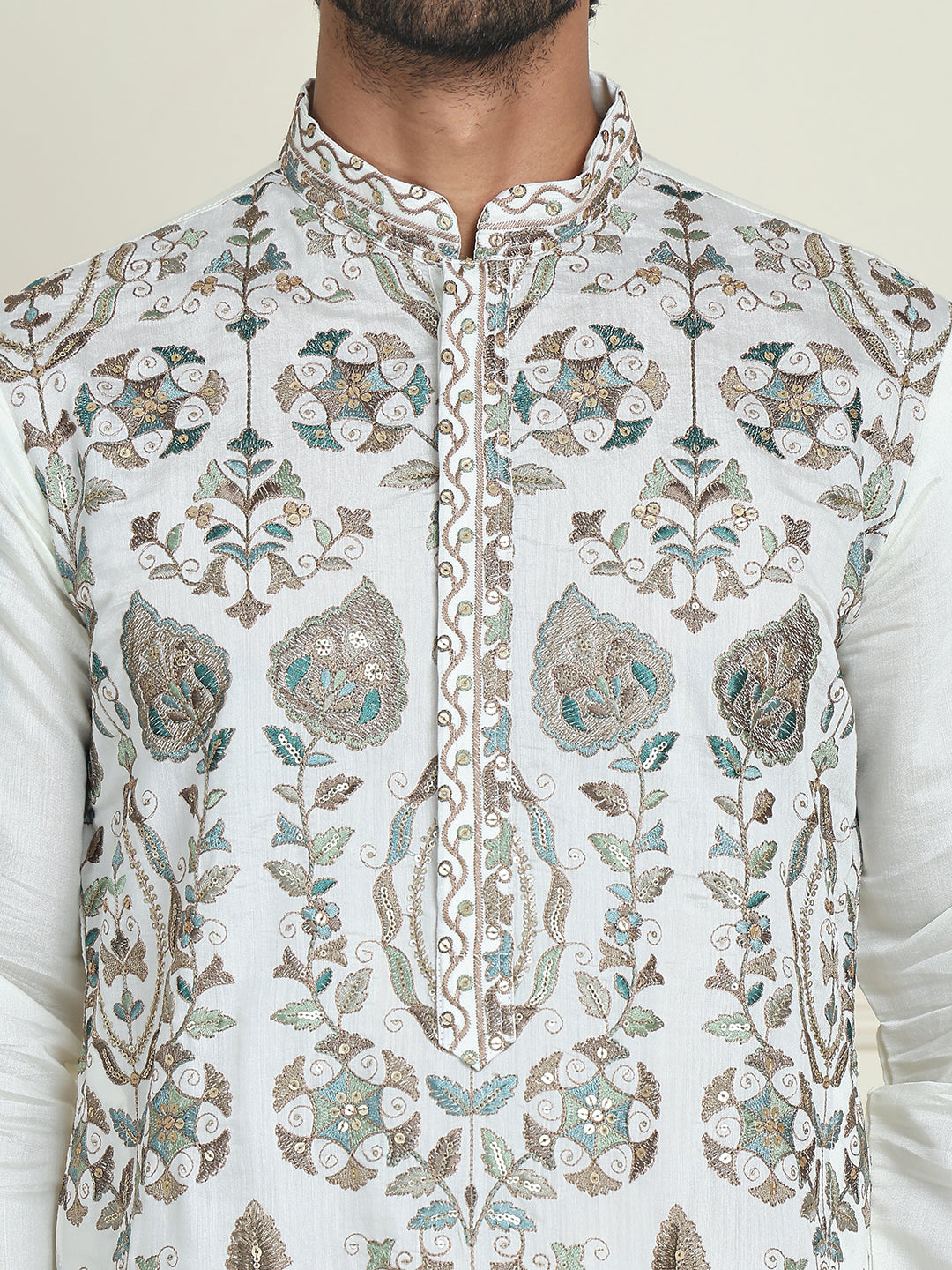 Floral Embroidered Straight Kurtas For Men ( KO 5200 White )