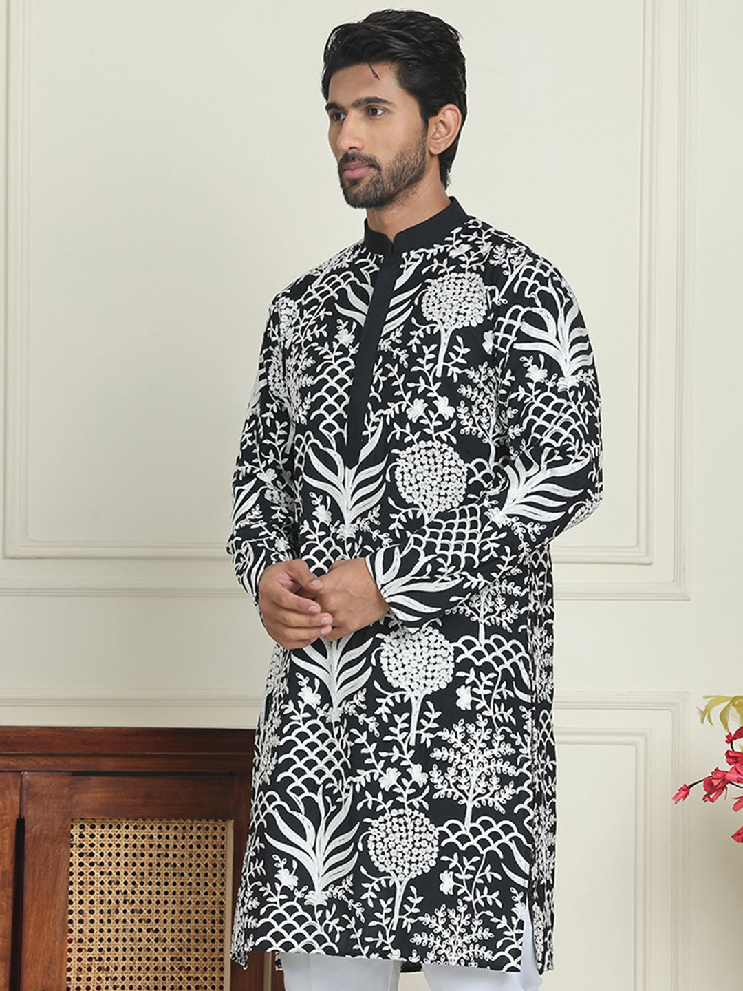 Embroidered Silk Blend Kurtas ( KO 5201 Black )