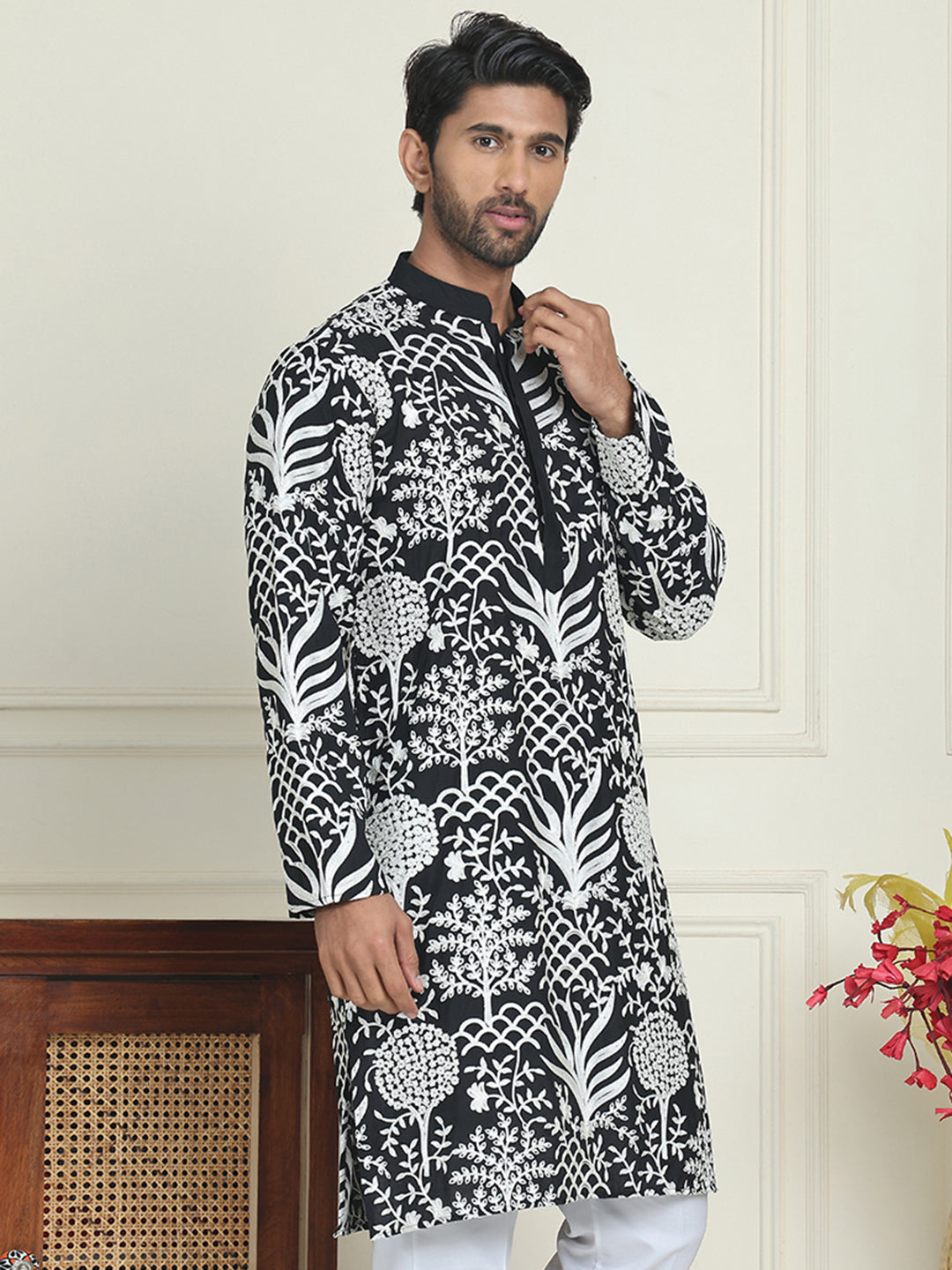 Embroidered Silk Blend Kurtas ( KO 5201 Black )
