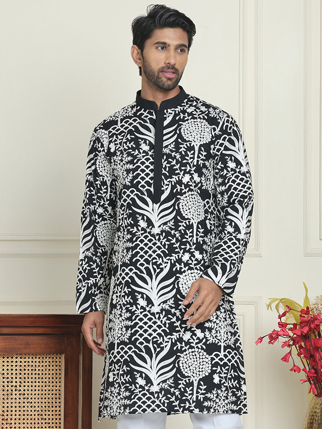 Embroidered Silk Blend Kurtas ( KO 5201 Black )
