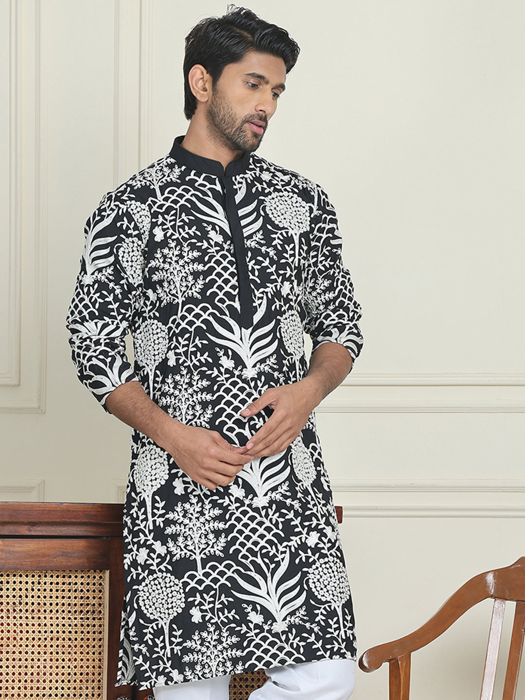 Embroidered Silk Blend Kurtas ( KO 5201 Black )