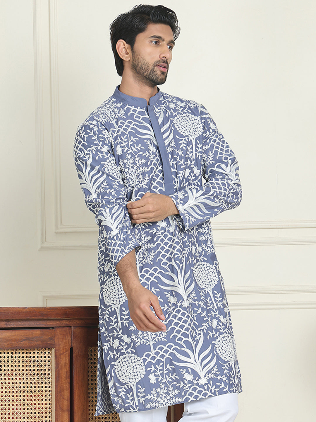 Embroidered Silk Blend Kurtas ( KO 5201 Blue )
