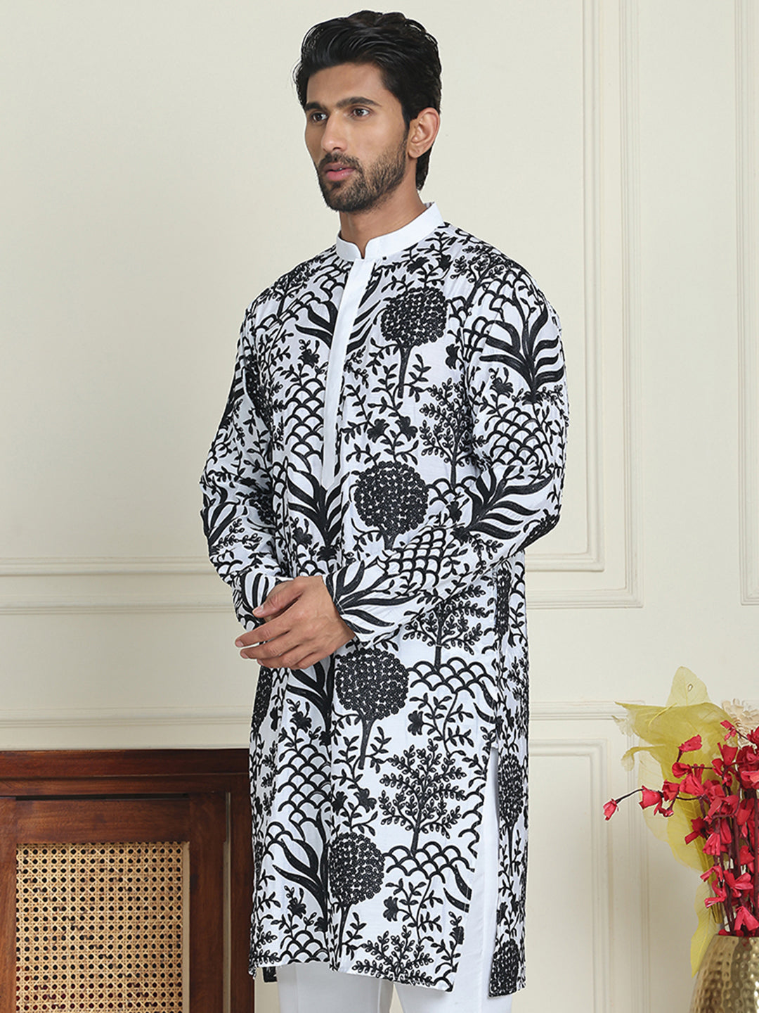 Embroidered Silk Blend Kurtas ( KO 5201 White )