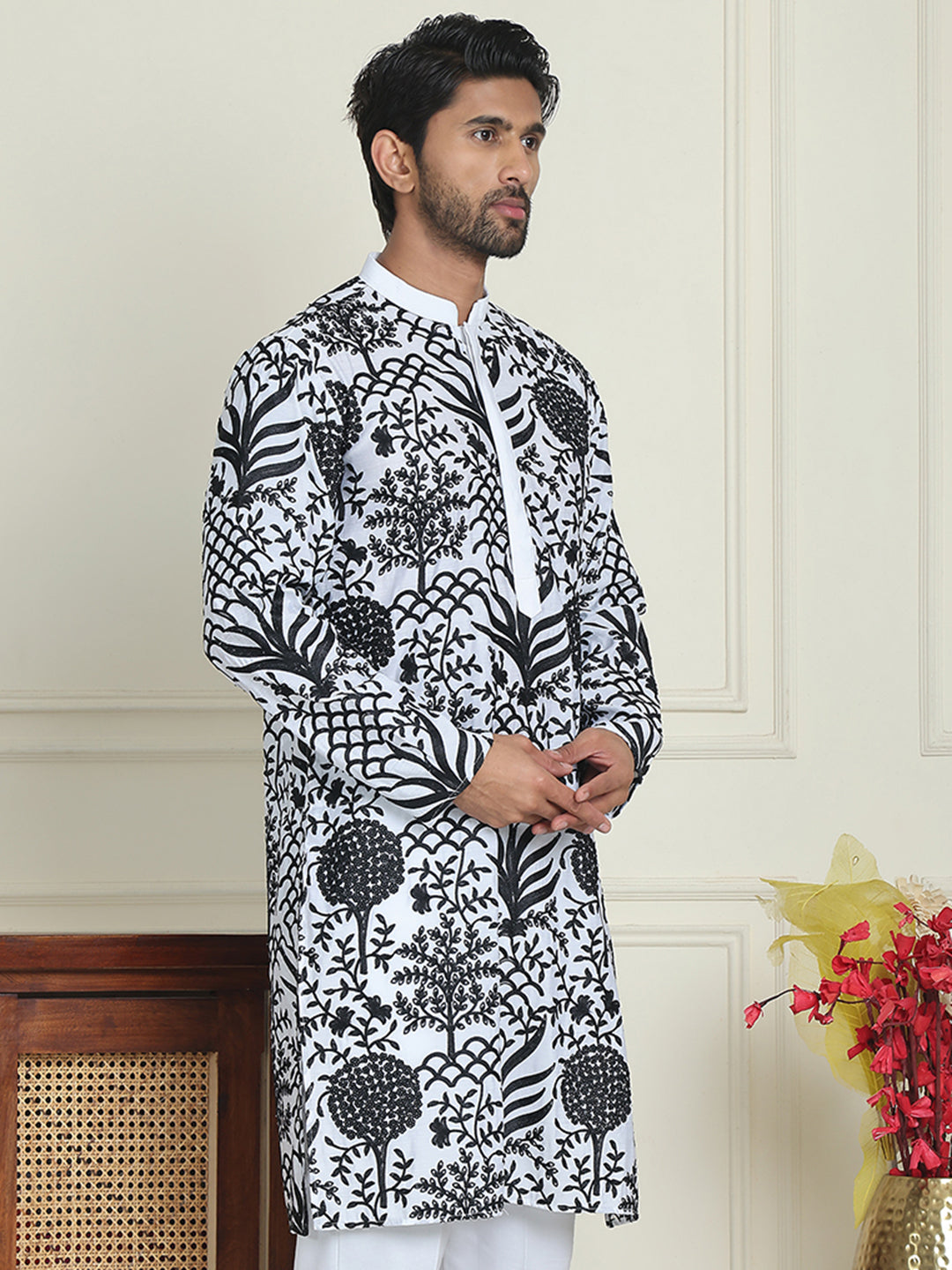 Embroidered Silk Blend Kurtas ( KO 5201 White )