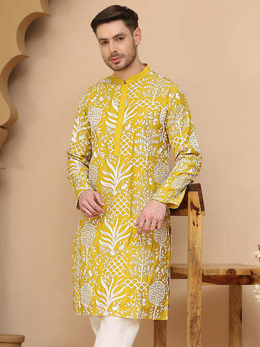 Embroidered Silk Blend Kurtas ( KO 5201 Yellow )