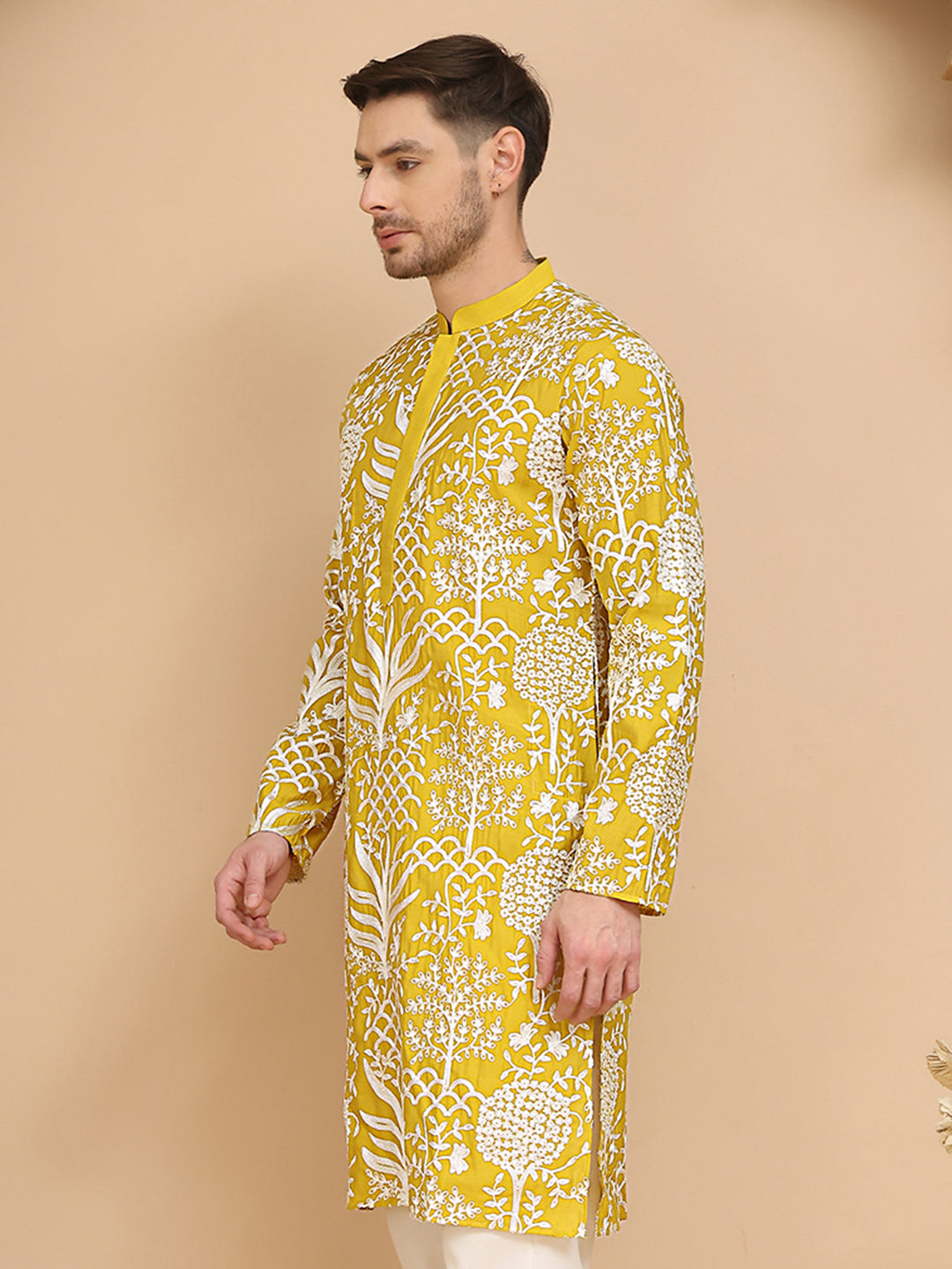 Embroidered Silk Blend Kurtas ( KO 5201 Yellow )