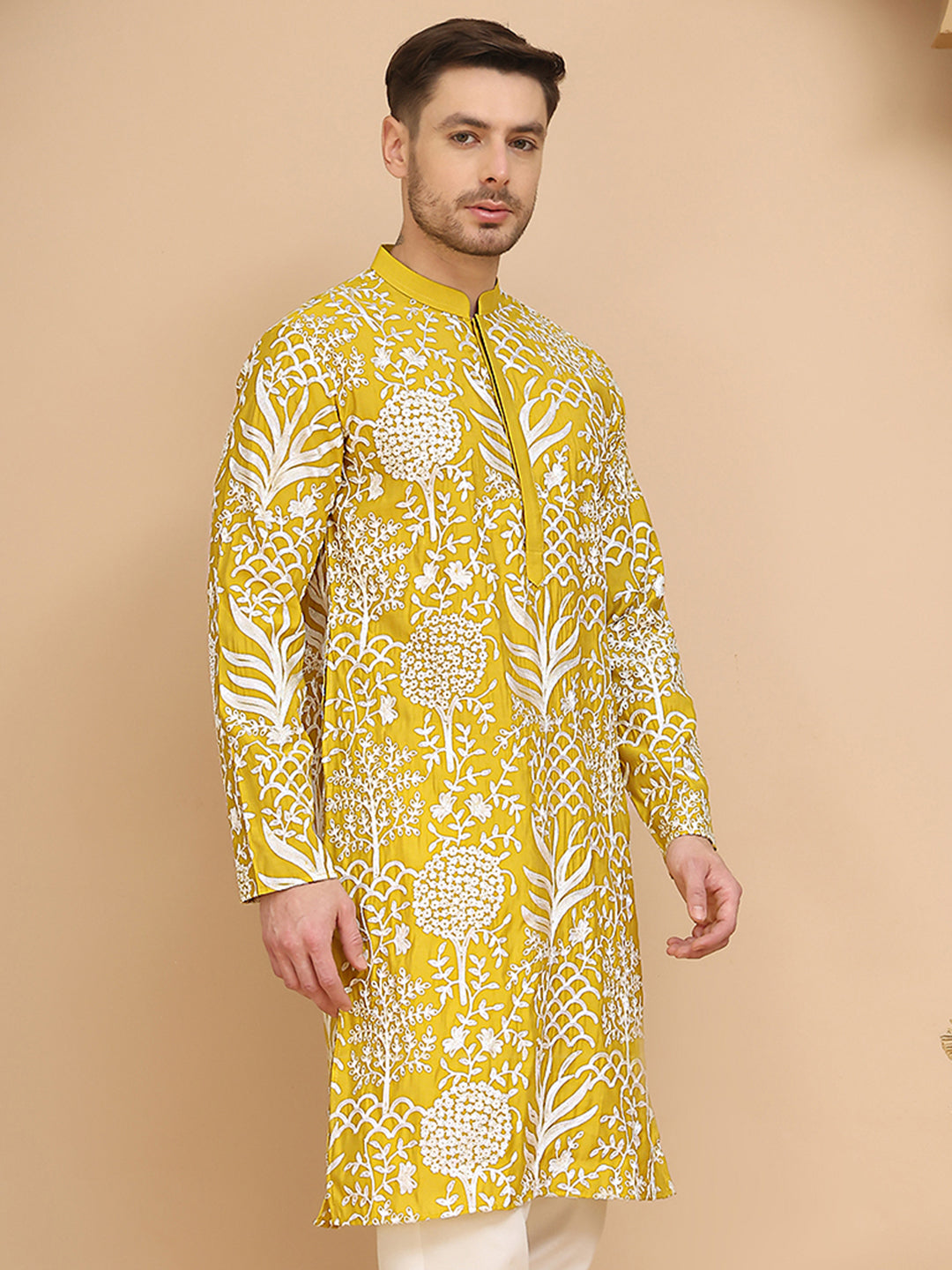 Embroidered Silk Blend Kurtas ( KO 5201 Yellow )