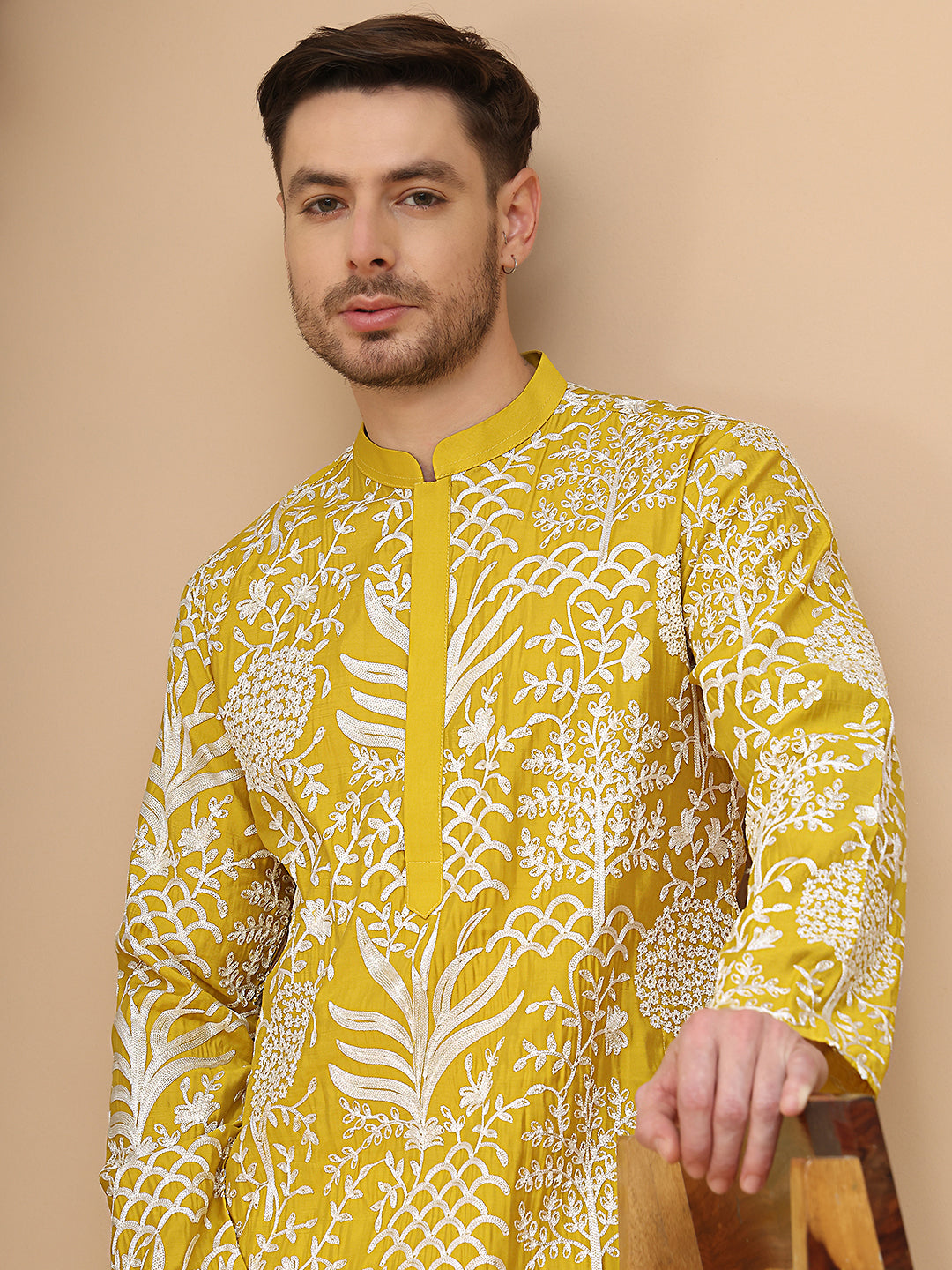 Embroidered Silk Blend Kurtas ( KO 5201 Yellow )