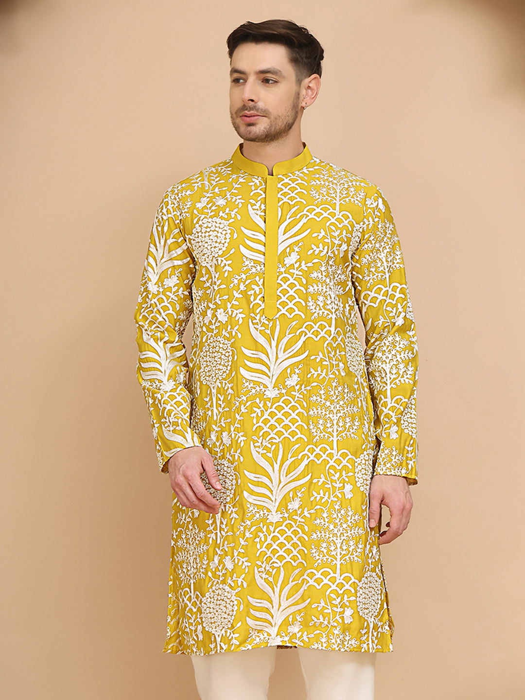 Embroidered Silk Blend Kurtas ( KO 5201 Yellow )