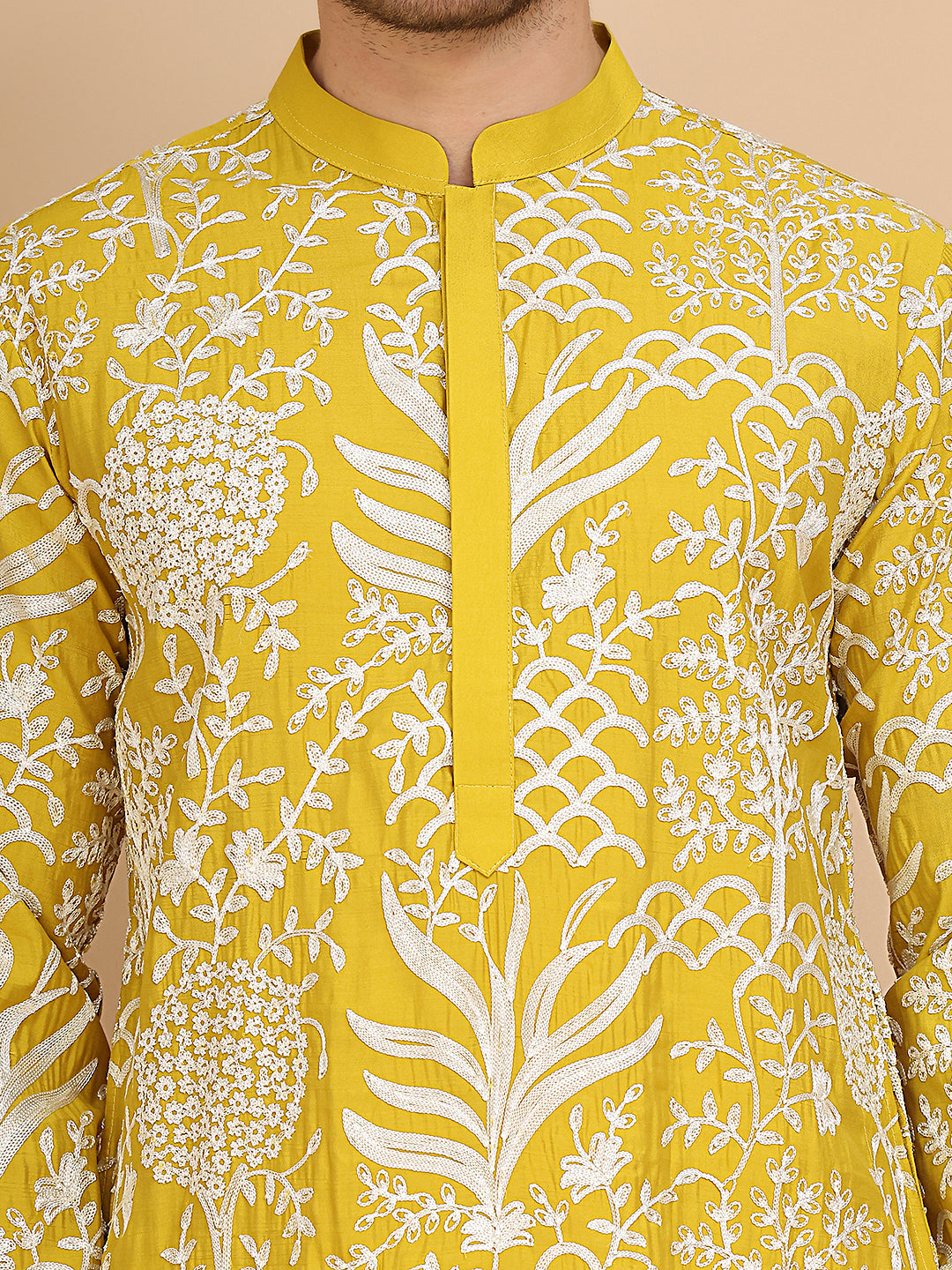 Embroidered Silk Blend Kurtas ( KO 5201 Yellow )