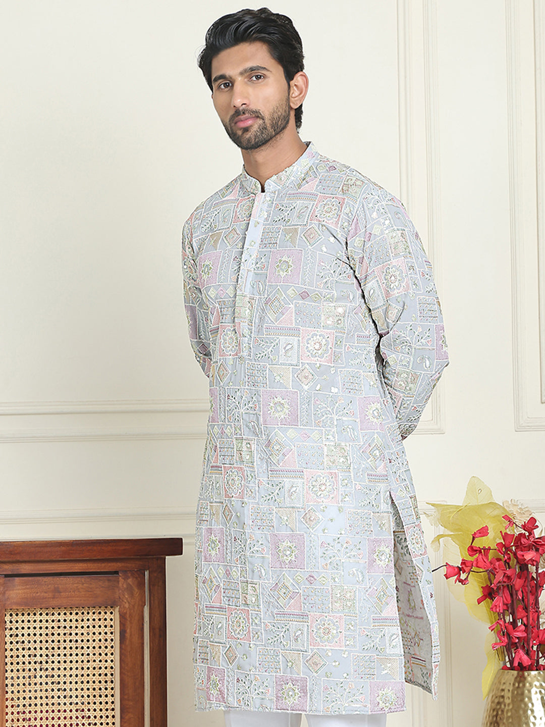 Embroidered Straight Kurtas For Men ( KO 5202 Blue )