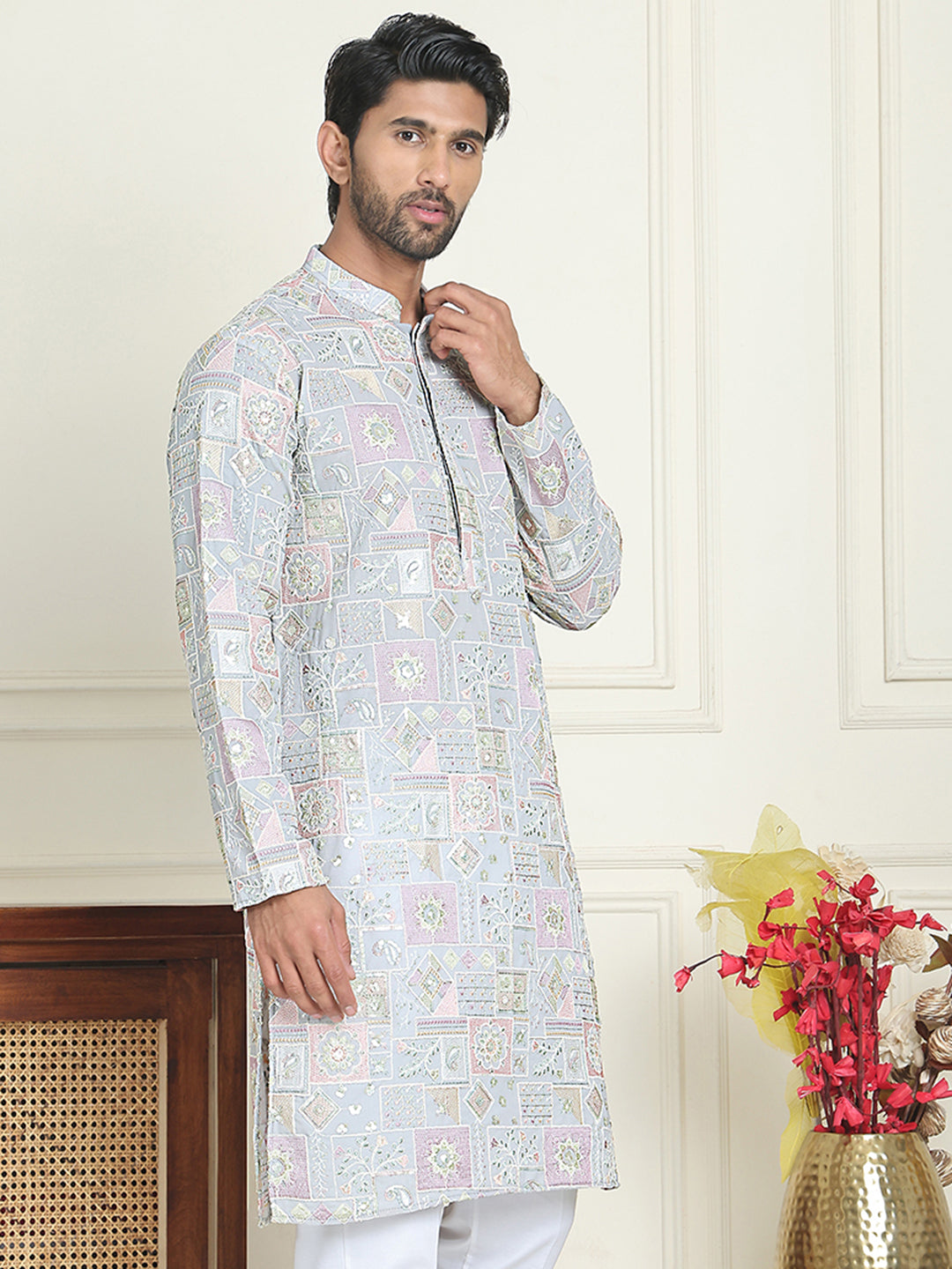 Embroidered Straight Kurtas For Men ( KO 5202 Blue )