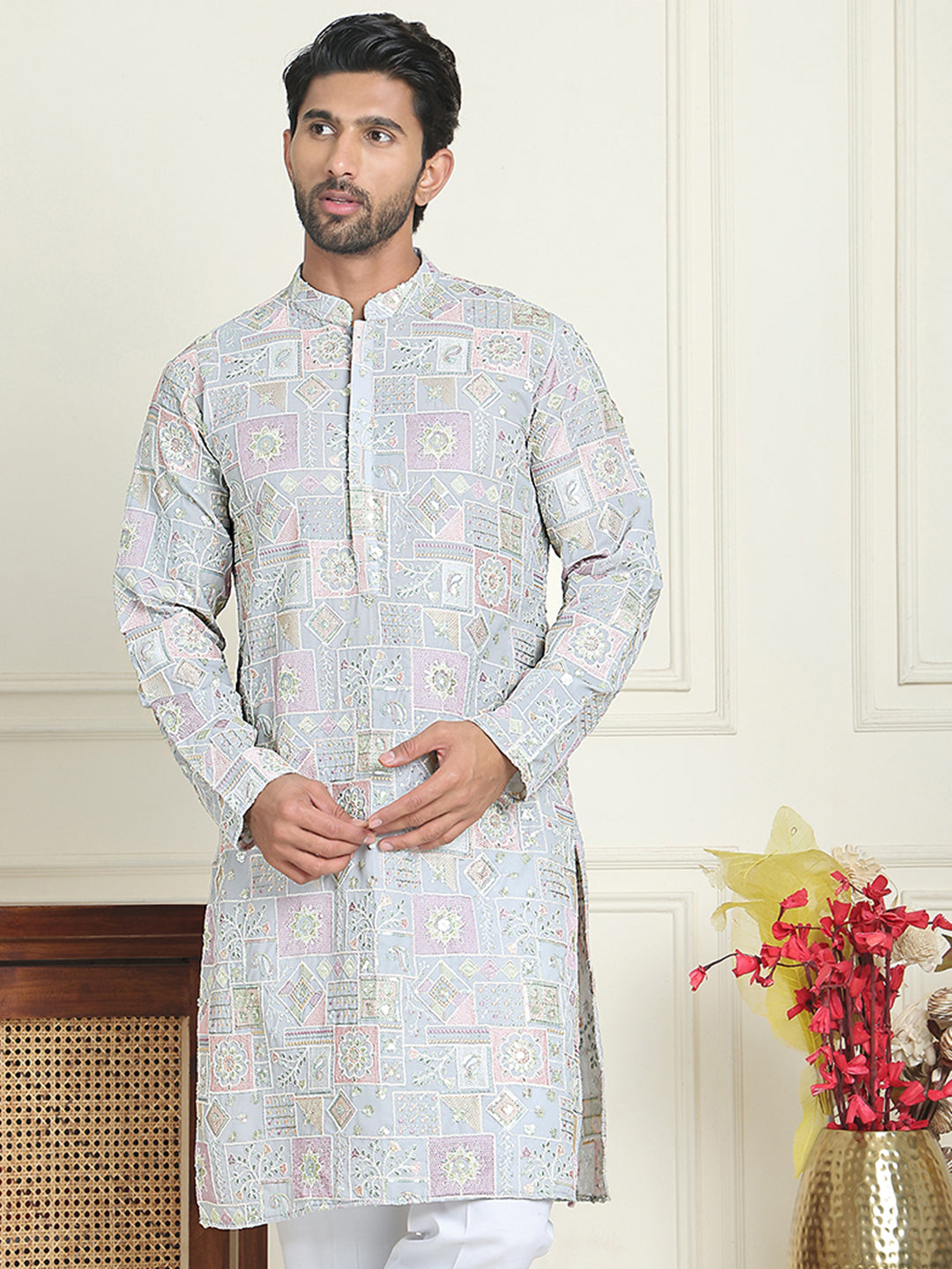 Embroidered Straight Kurtas For Men ( KO 5202 Blue )