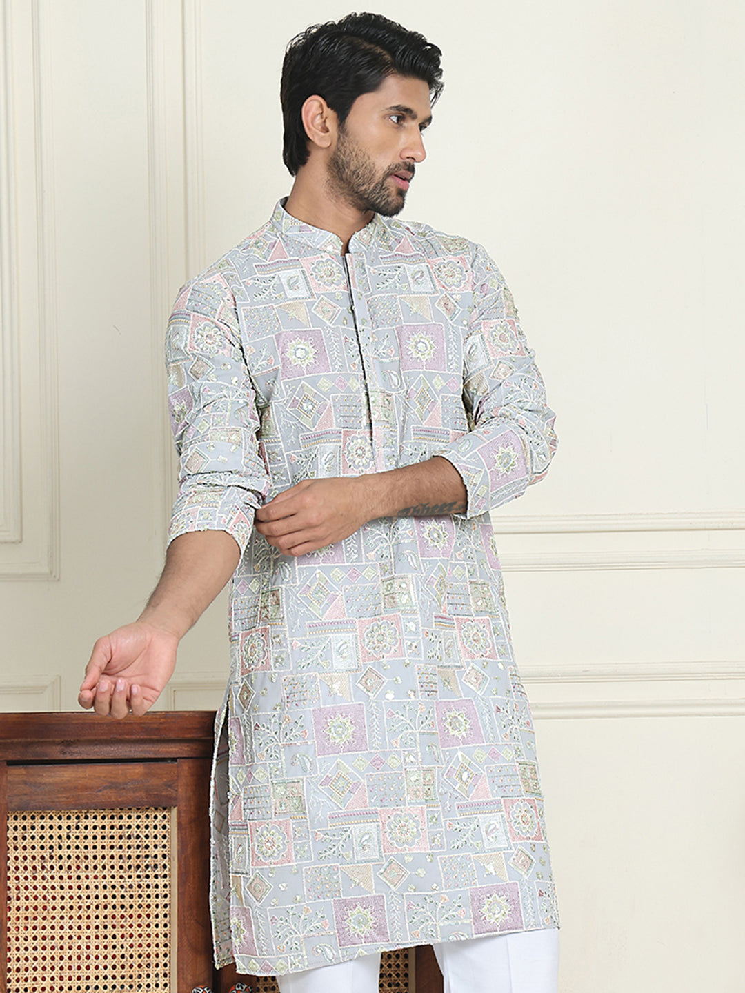 Embroidered Straight Kurtas For Men ( KO 5202 Blue )
