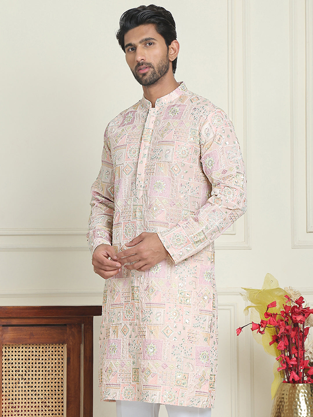 Embroidered Straight Kurtas For Men ( KO 5202 Peach )