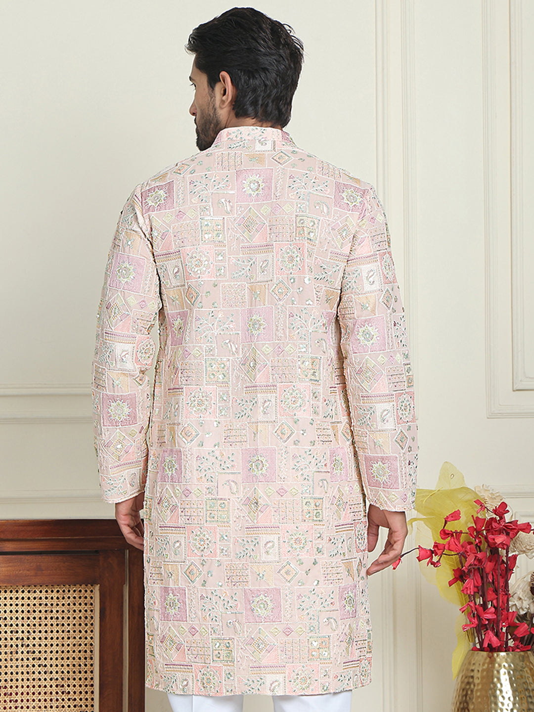 Embroidered Straight Kurtas For Men ( KO 5202 Peach )