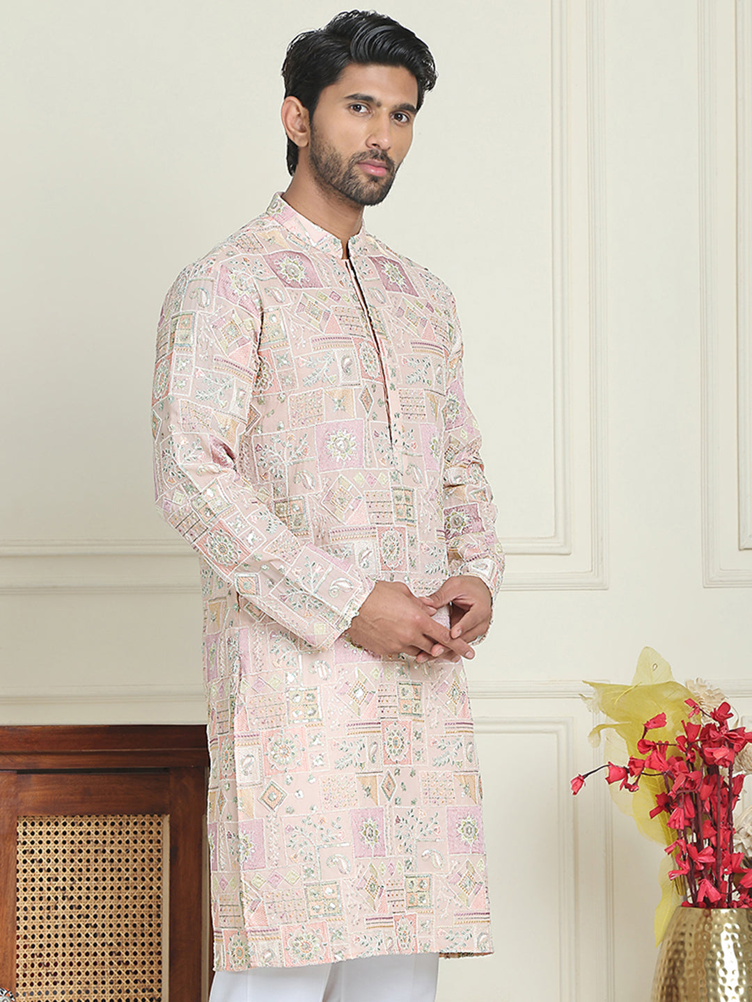 Embroidered Straight Kurtas For Men ( KO 5202 Peach )