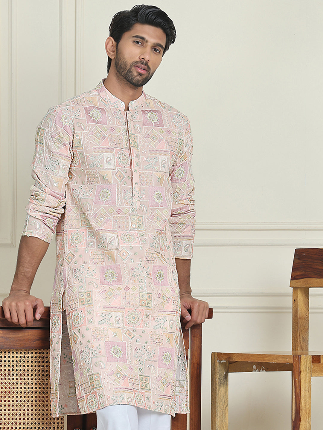 Embroidered Straight Kurtas For Men ( KO 5202 Peach )