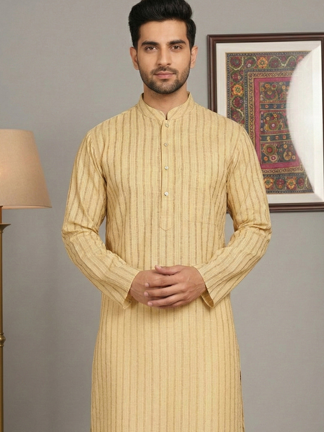 Men's Cotton Blend Striped Kurta ( ANMKO 5207Beige )