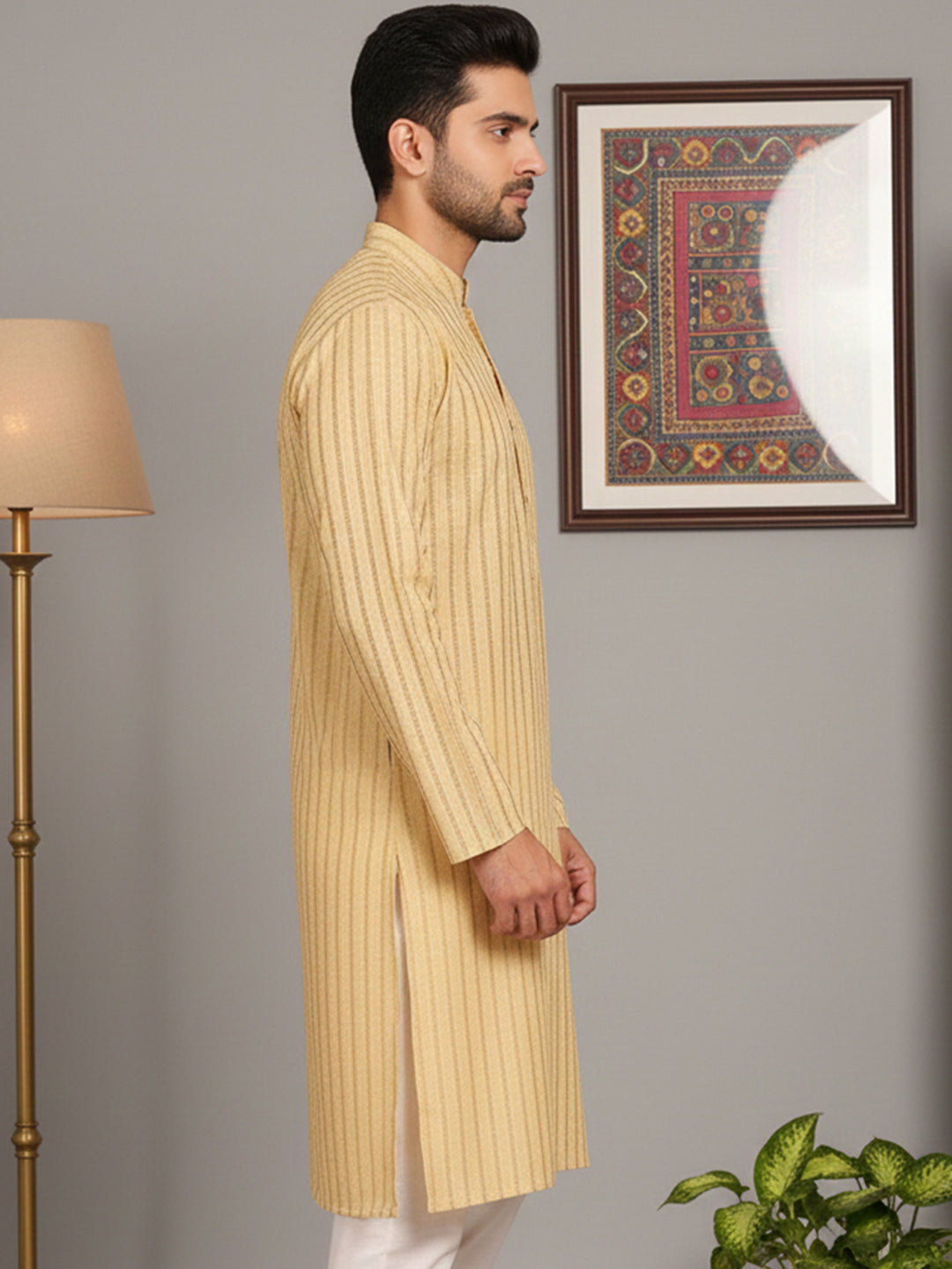 Men's Cotton Blend Striped Kurta ( ANMKO 5207Beige )
