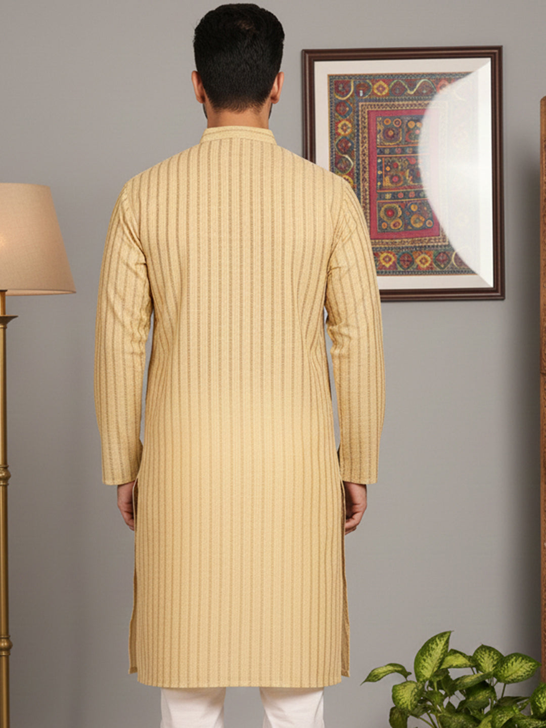 Men's Cotton Blend Striped Kurta ( ANMKO 5207Beige )