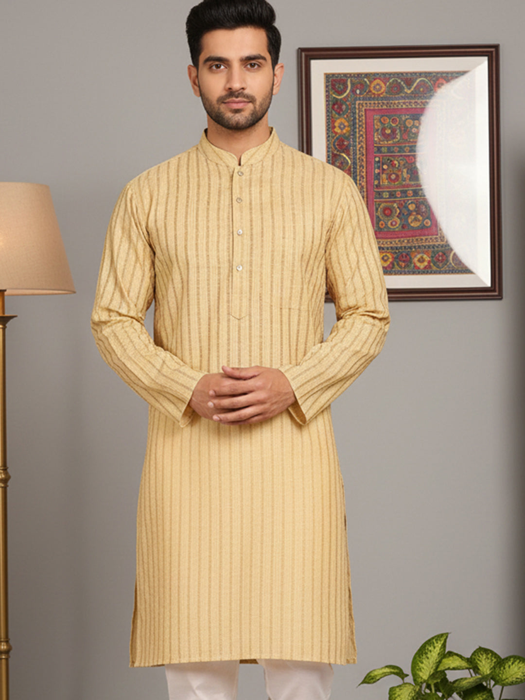 Men's Cotton Blend Striped Kurta ( ANMKO 5207Beige )