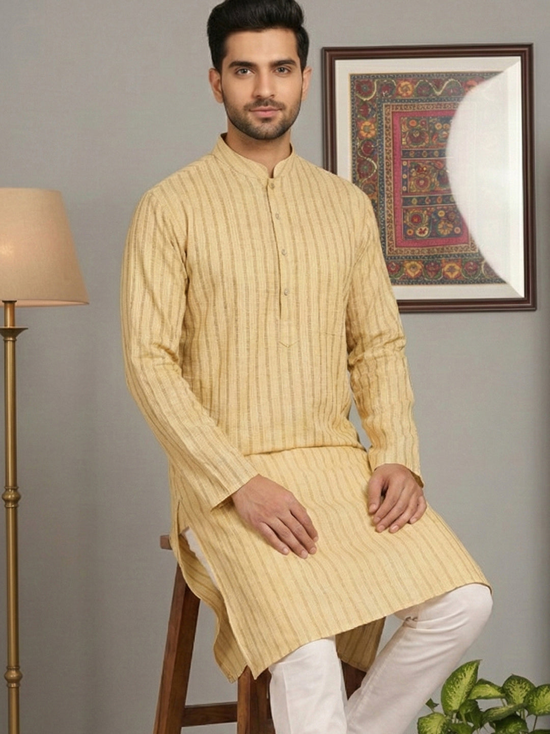 Men's Cotton Blend Striped Kurta ( ANMKO 5207Beige )