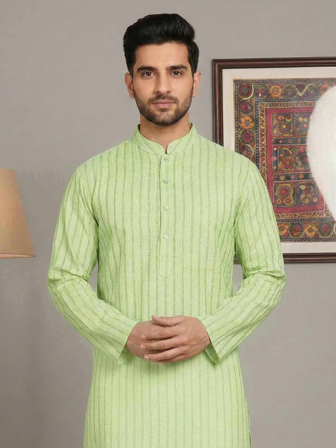 Men's Cotton Blend Striped Kurta ( ANMKO 5207Green )