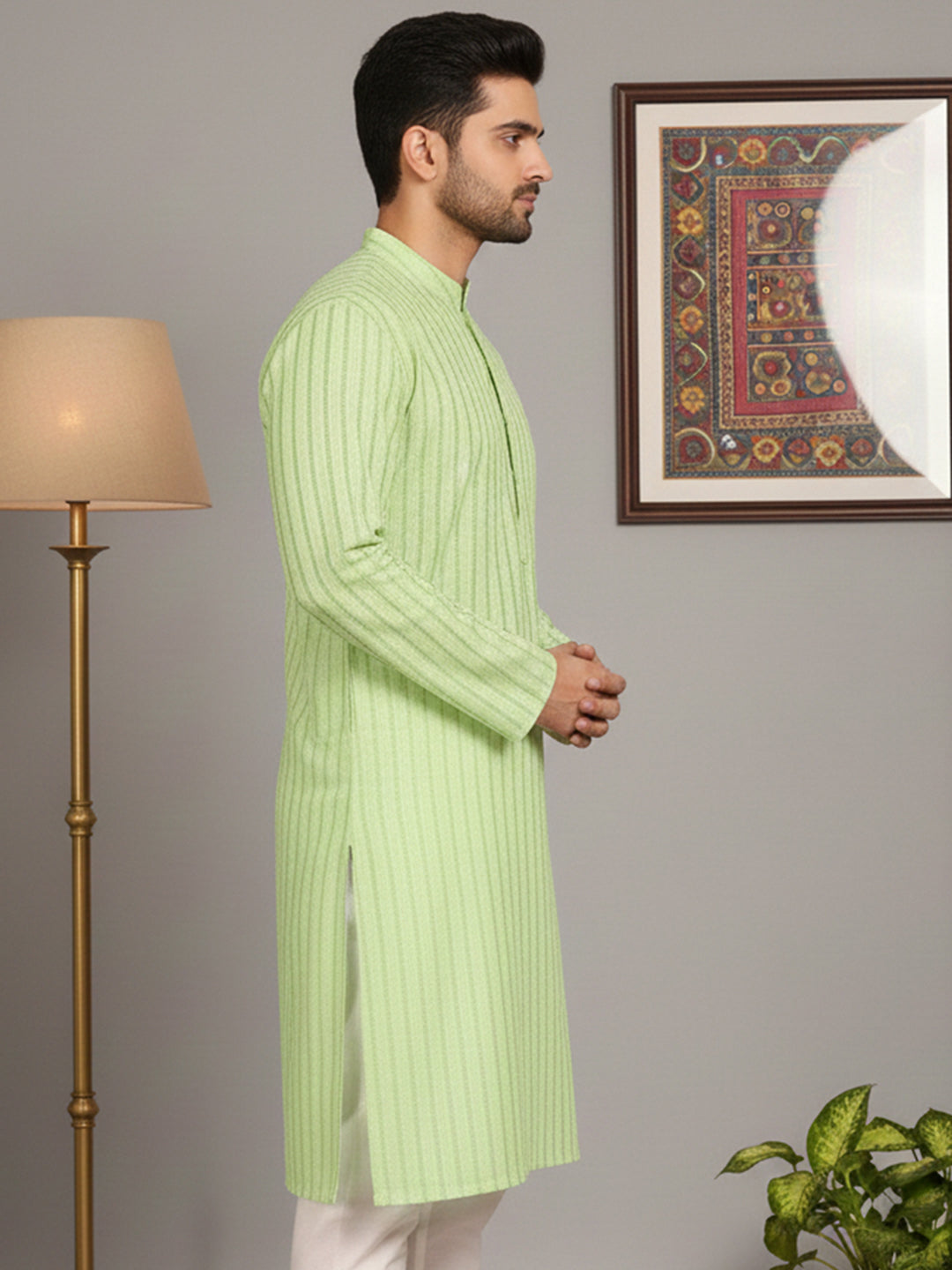 Men's Cotton Blend Striped Kurta ( ANMKO 5207Green )