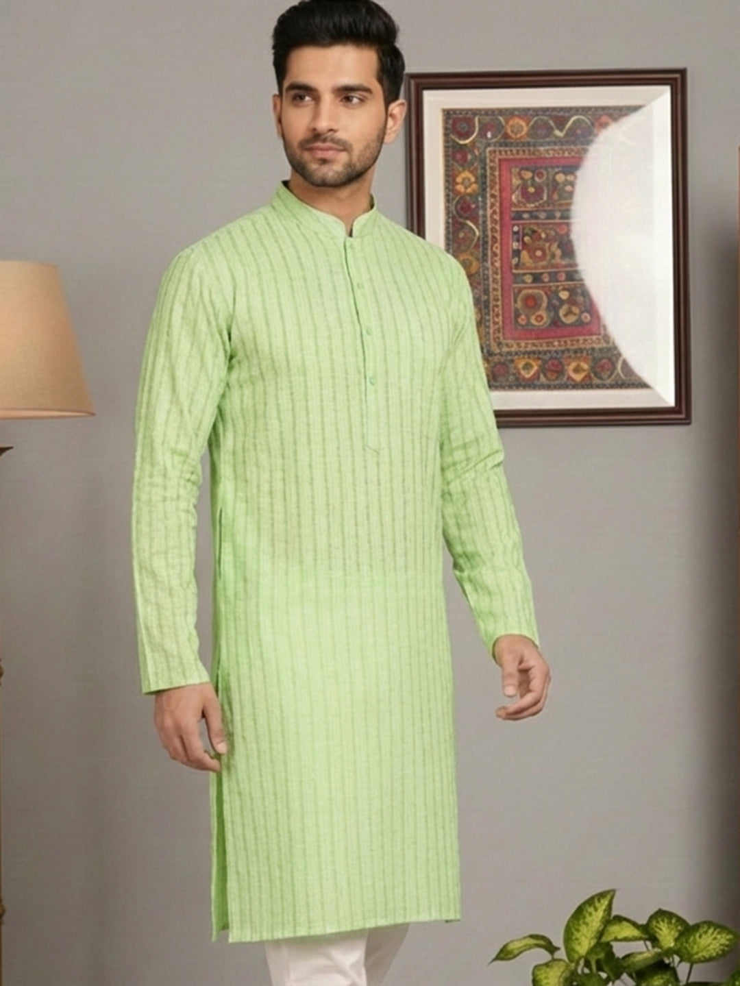 Men's Cotton Blend Striped Kurta ( ANMKO 5207Green )