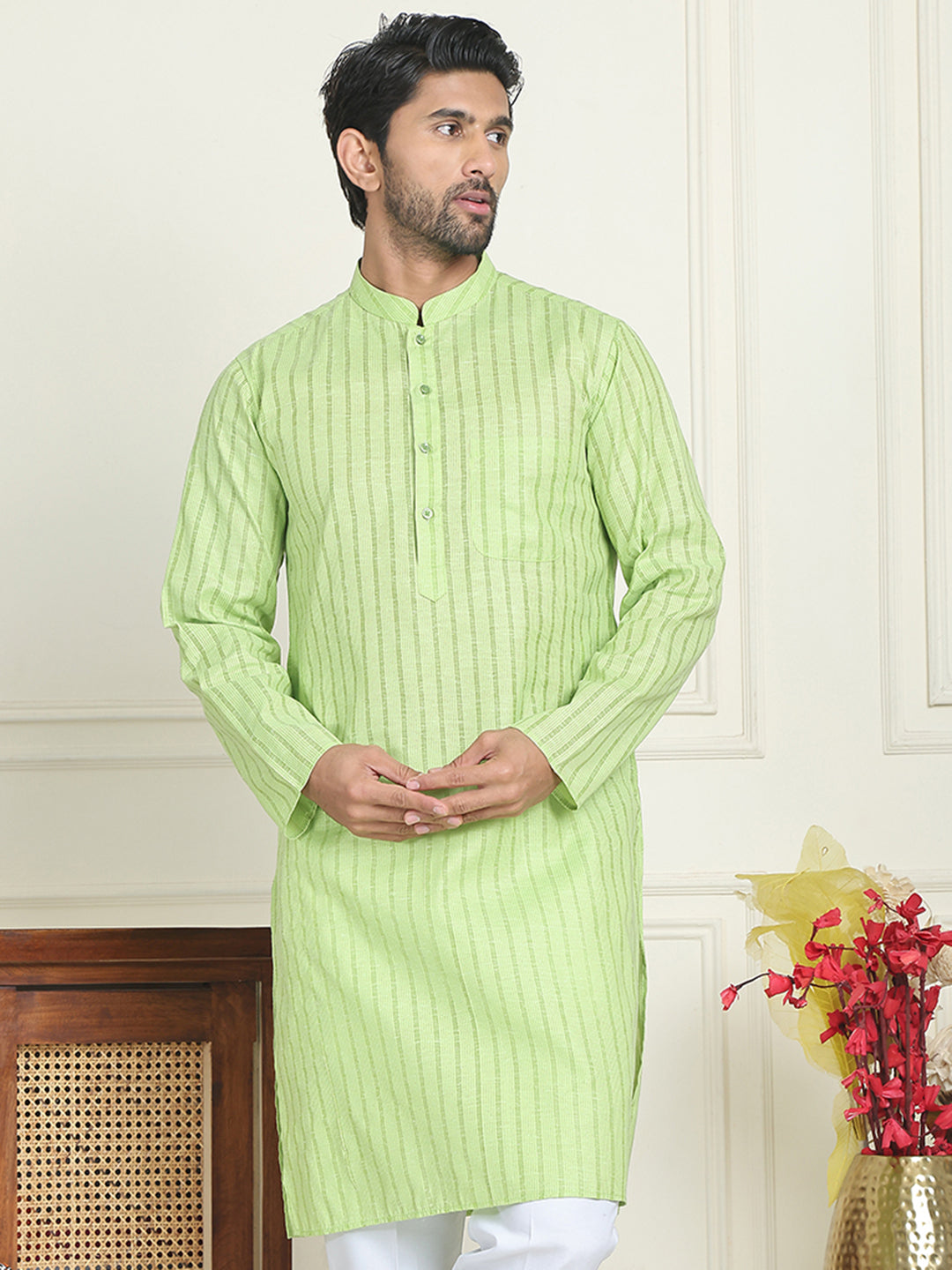 Men's Cotton Striped Kurtas ( KO 5207 Green )