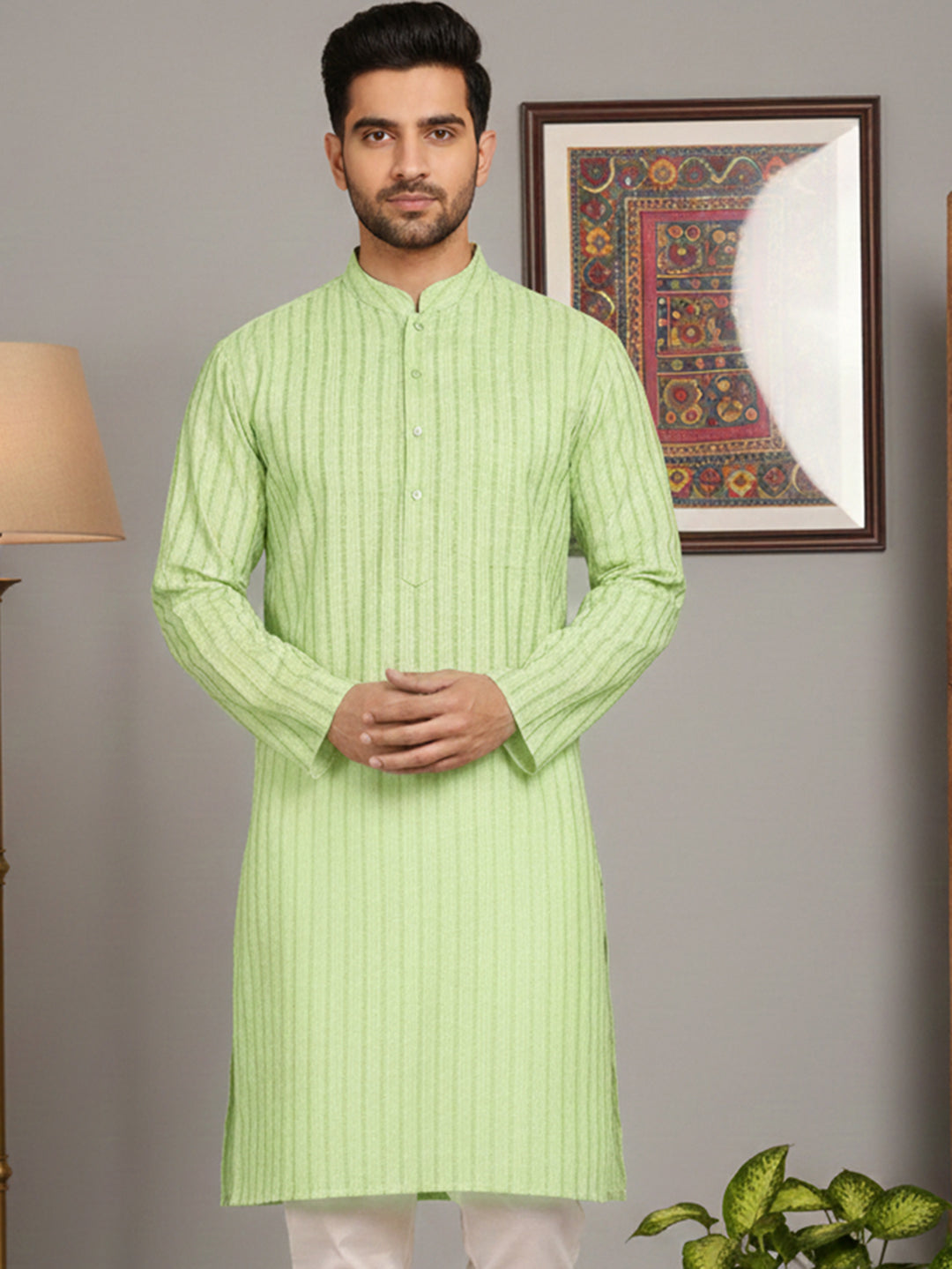 Men's Cotton Blend Striped Kurta ( ANMKO 5207Green )