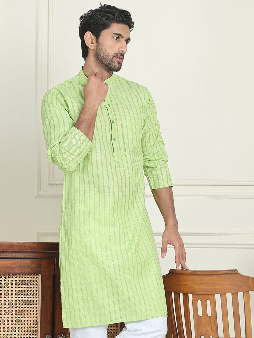 Men's Cotton Striped Kurtas ( KO 5207 Green )