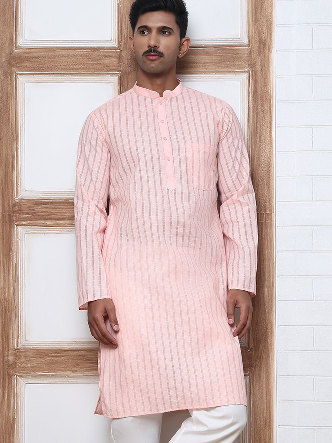 Men's Cotton Striped Kurta ( KO 5207 Peach ) [FF] [R-2-3]