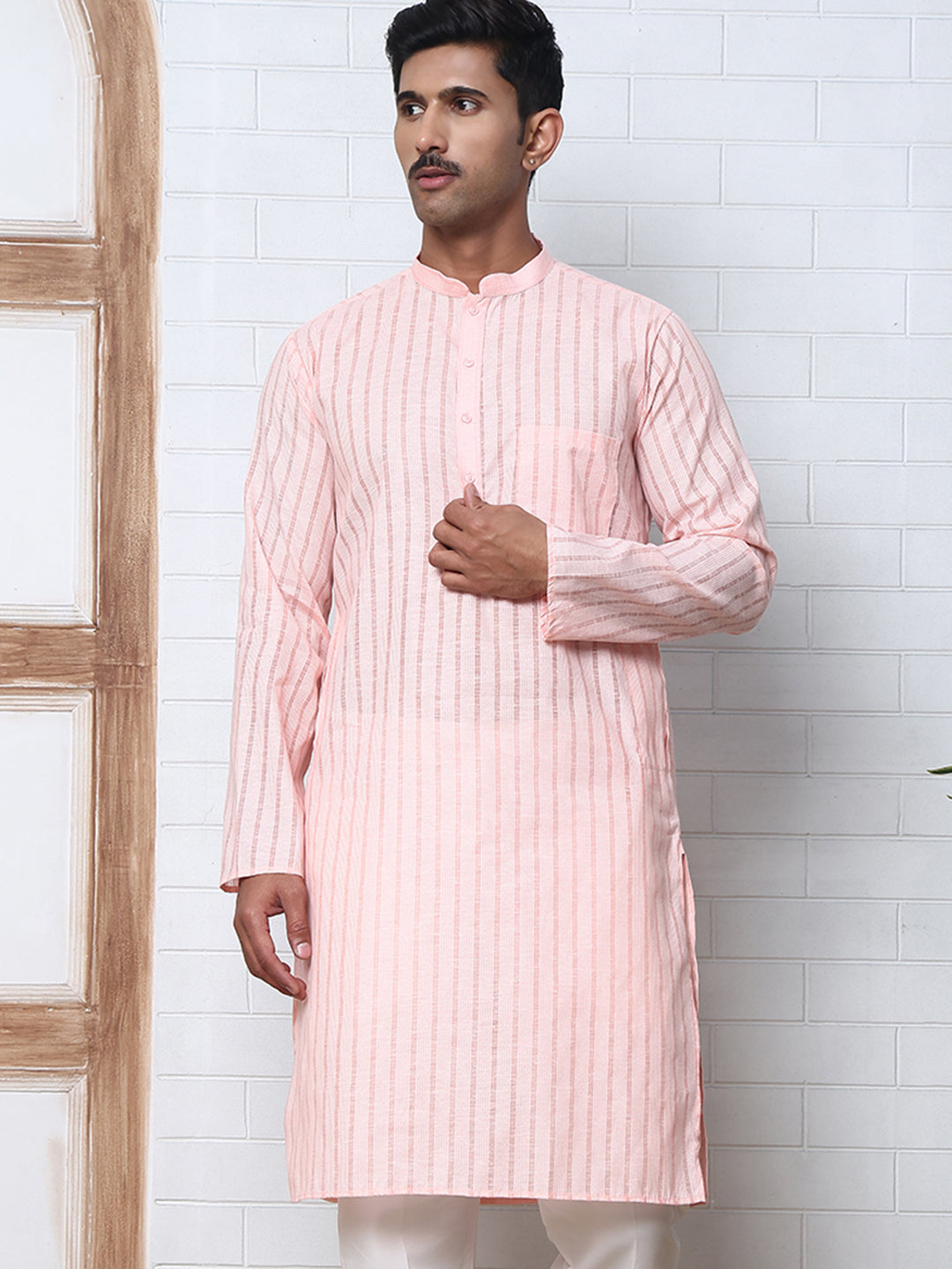 Men's Cotton Striped Kurta ( KO 5207 Peach ) [FF] [R-2-3]