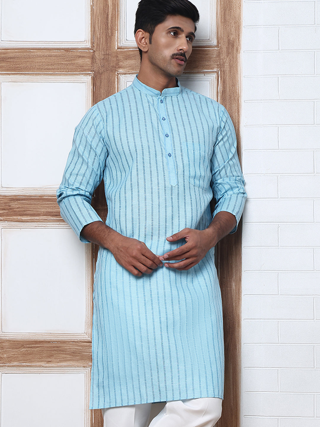 Men's Cotton Striped Kurta ( KO 5207 Sky ) [FF] [R-2-3]