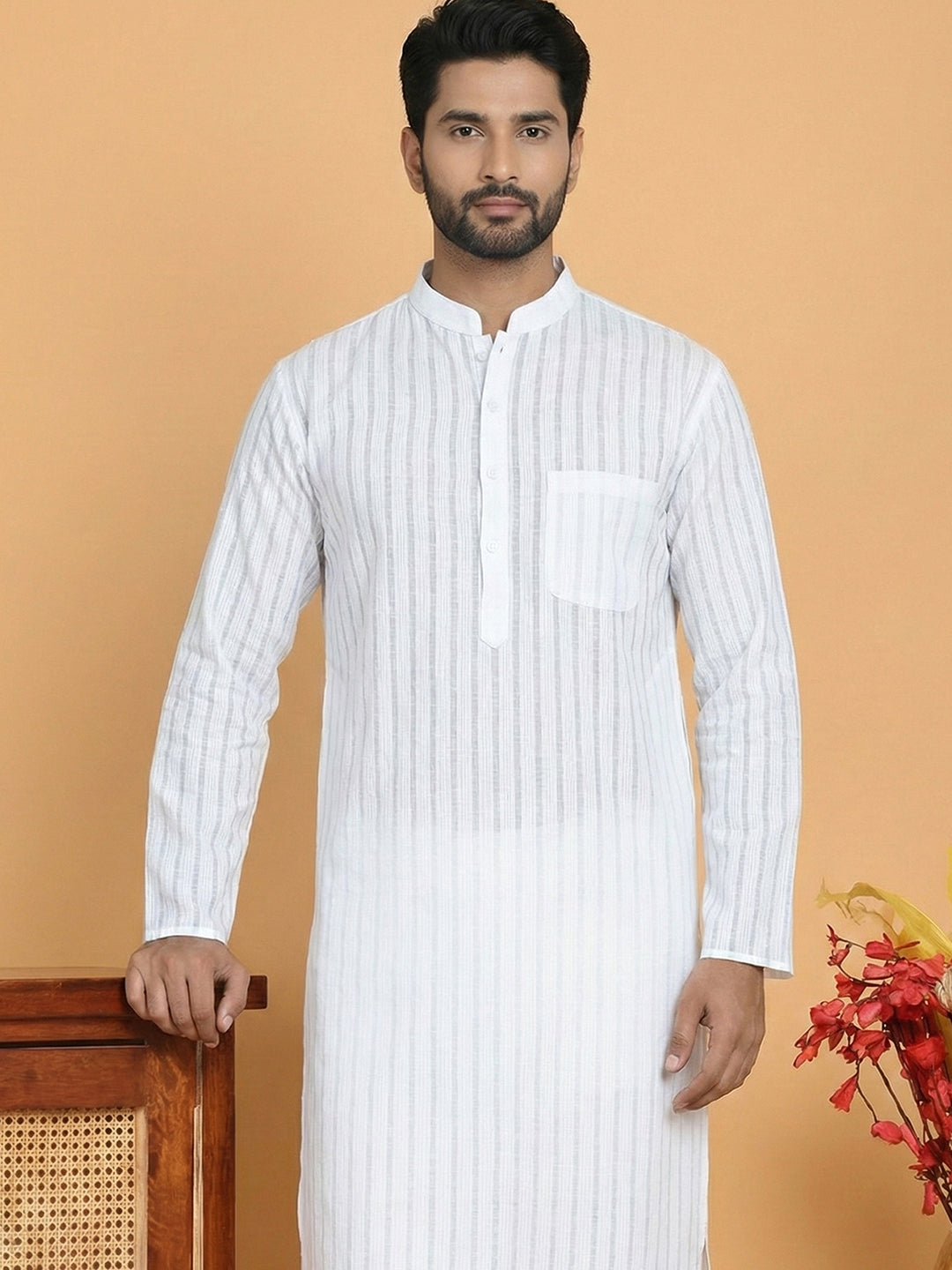 Men's Cotton Blend Striped Kurta ( ANMKO 5207White )