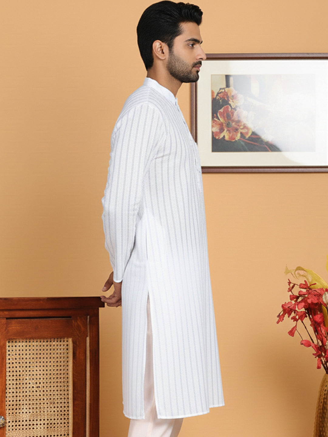 Men's Cotton Blend Striped Kurta ( ANMKO 5207White )