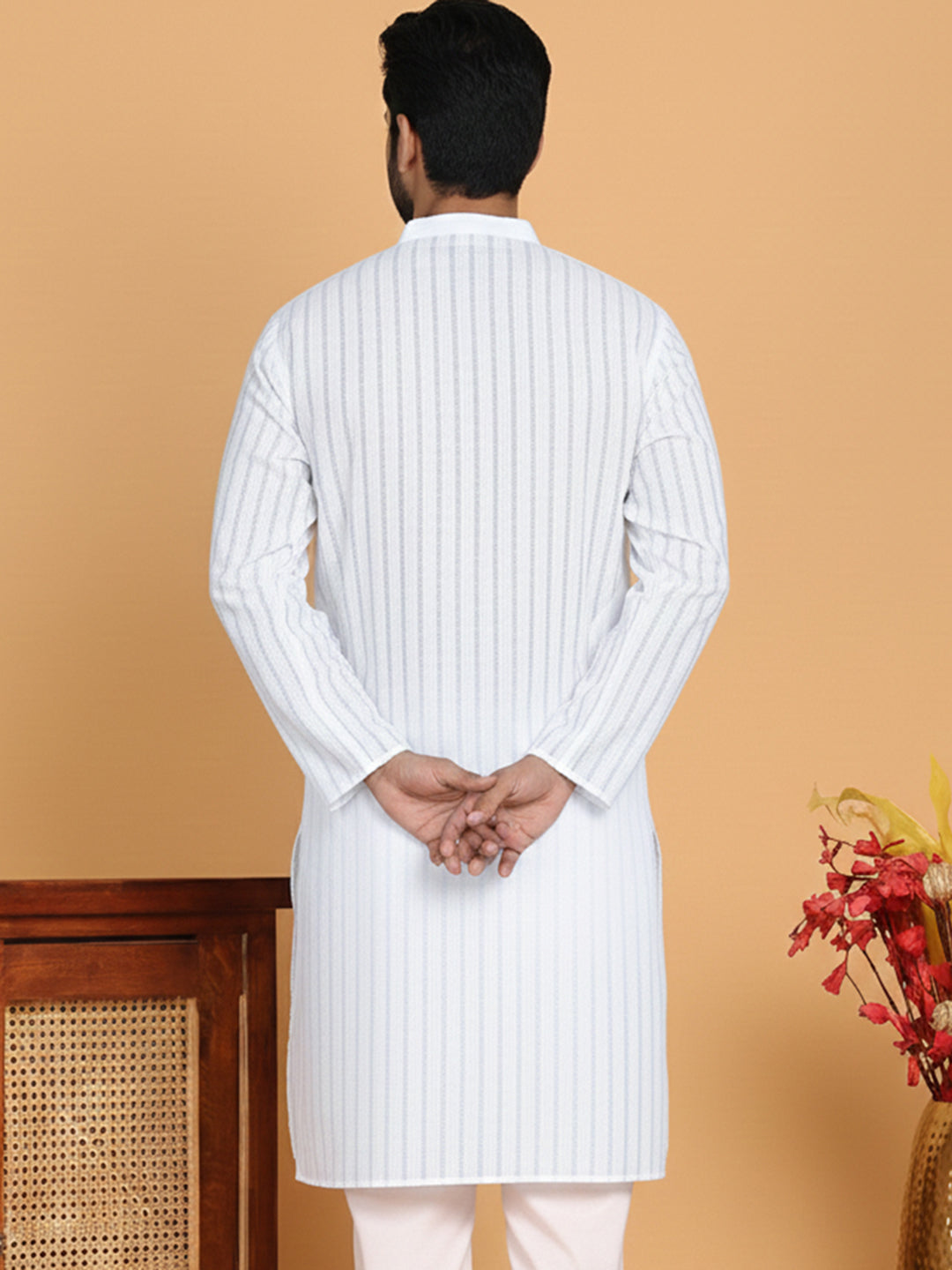 Men's Cotton Blend Striped Kurta ( ANMKO 5207White )