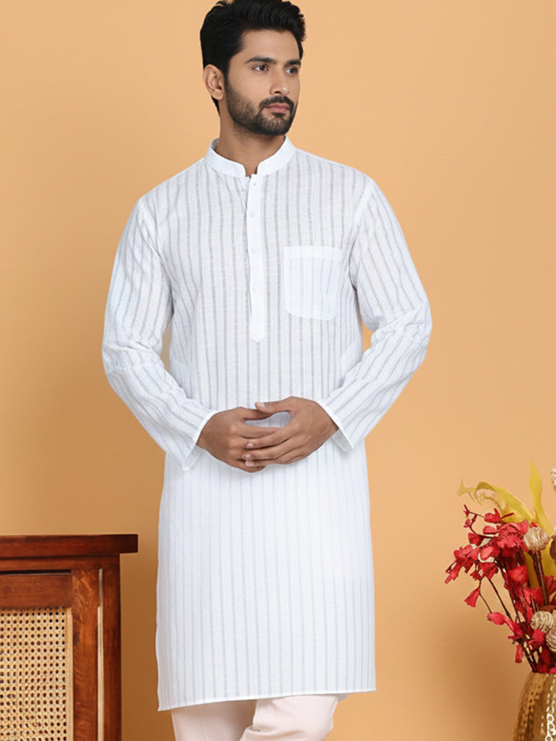 Men's Cotton Blend Striped Kurta ( ANMKO 5207White )
