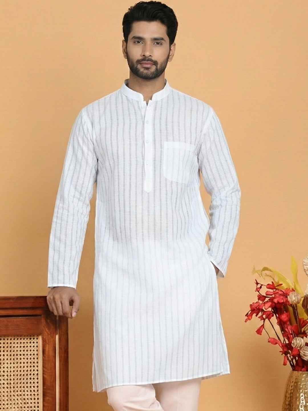 Men's Cotton Blend Striped Kurta ( ANMKO 5207White )