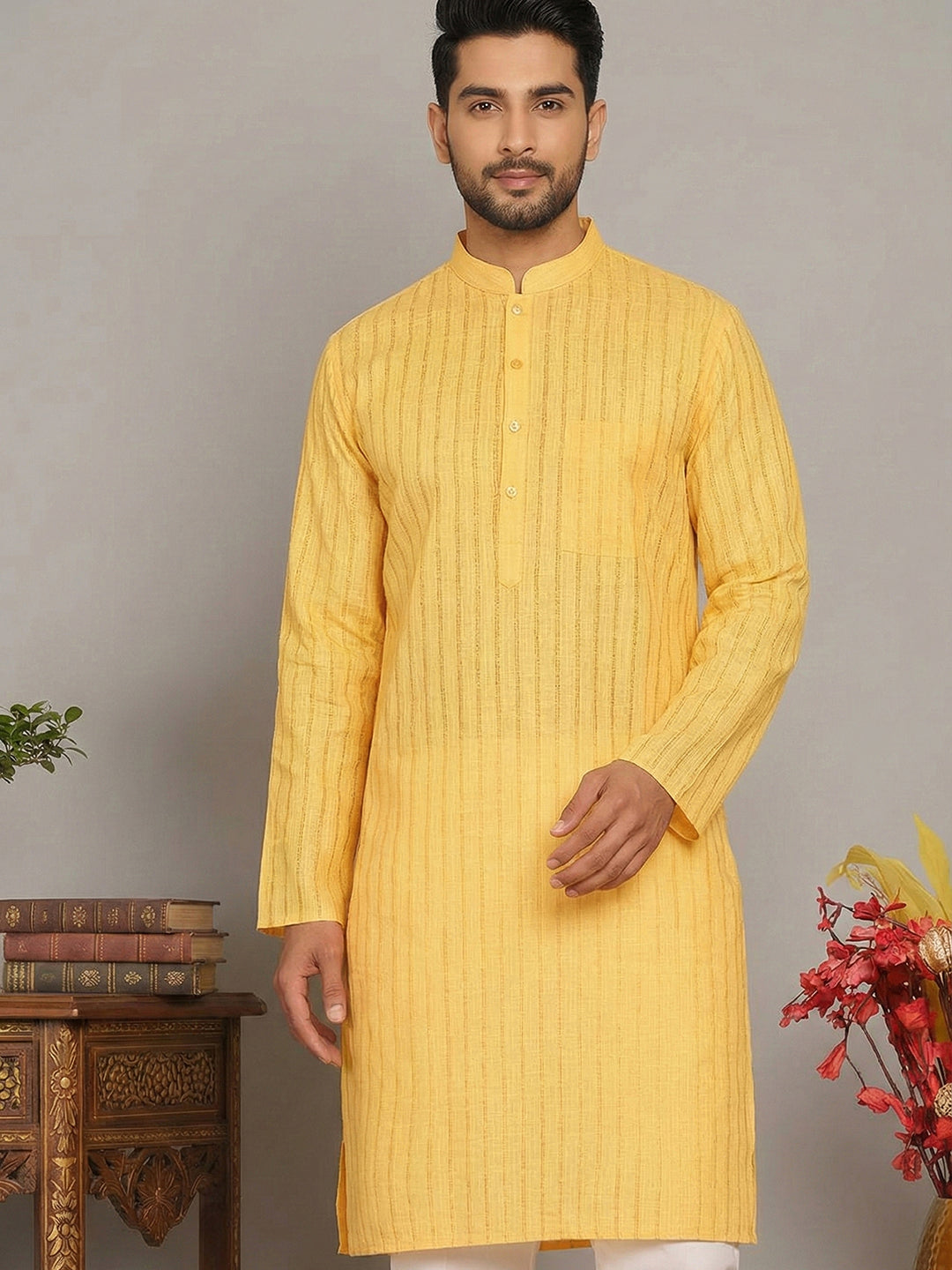 Men's Cotton Blend Striped Kurta ( ANMKO 5207Yellow )
