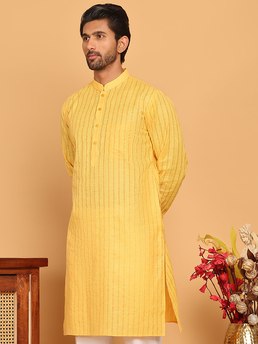 Men's Cotton Striped Kurtas ( KO 5207 Yellow )