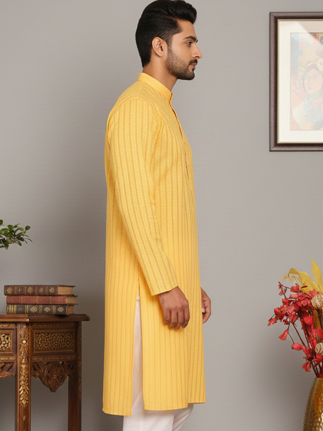 Men's Cotton Blend Striped Kurta ( ANMKO 5207Yellow )