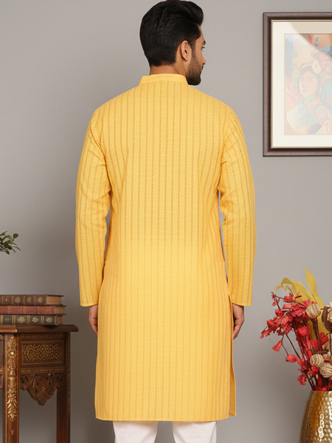 Men's Cotton Blend Striped Kurta ( ANMKO 5207Yellow )