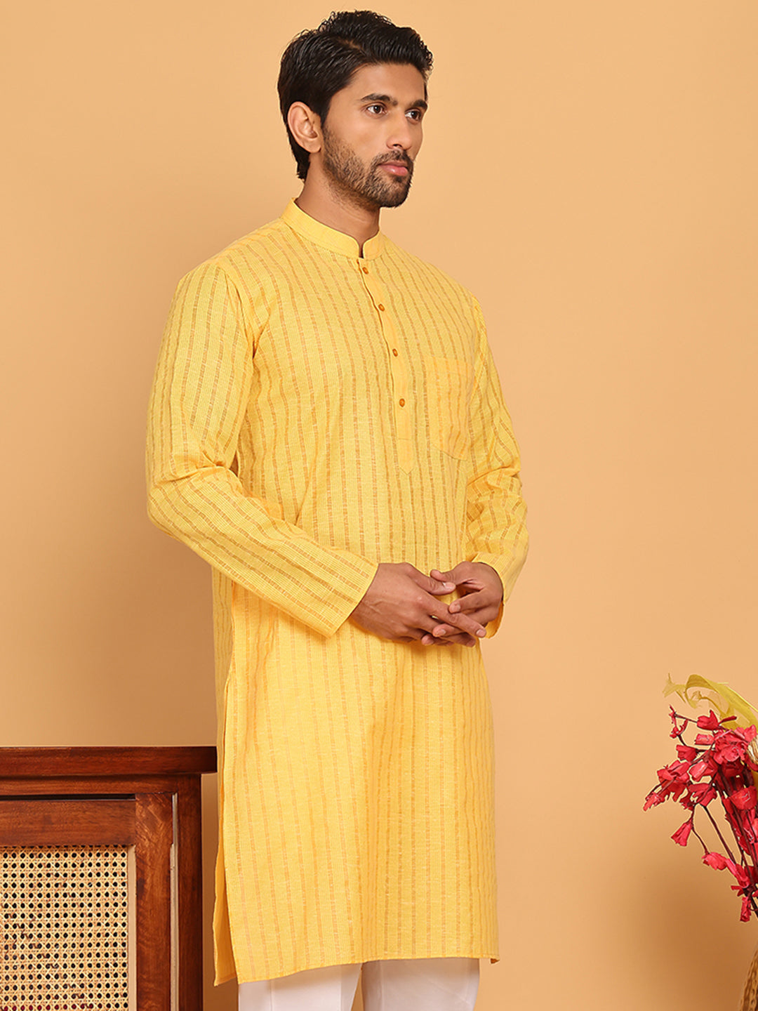 Men's Cotton Striped Kurtas ( KO 5207 Yellow )