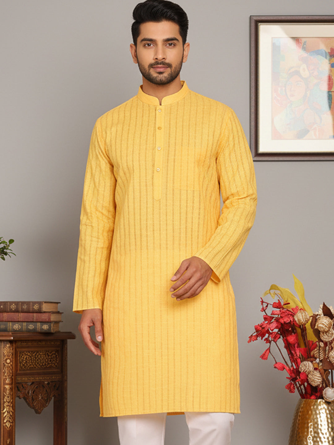 Men's Cotton Blend Striped Kurta ( ANMKO 5207Yellow )