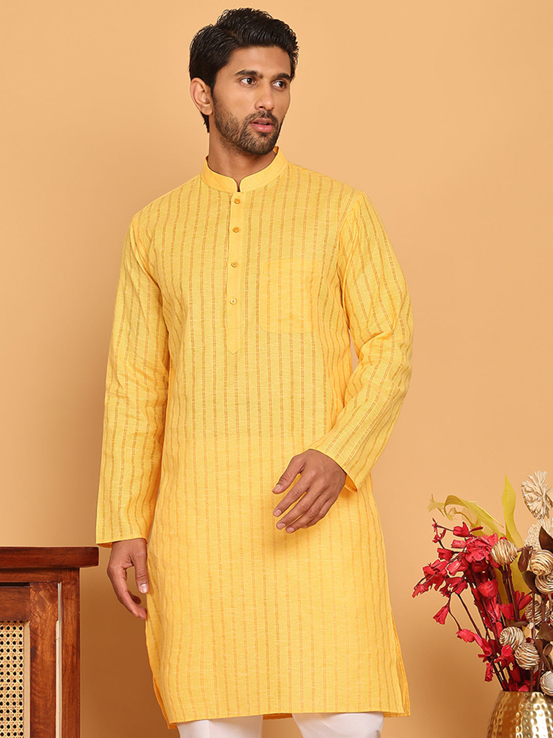 Men's Cotton Striped Kurtas ( KO 5207 Yellow )